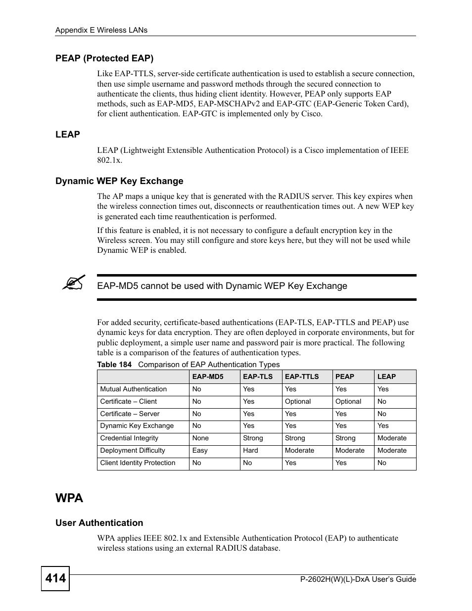 Table 184 comparison of eap authentication types | ZyXEL Communications P-2602H User Manual | Page 414 / 465