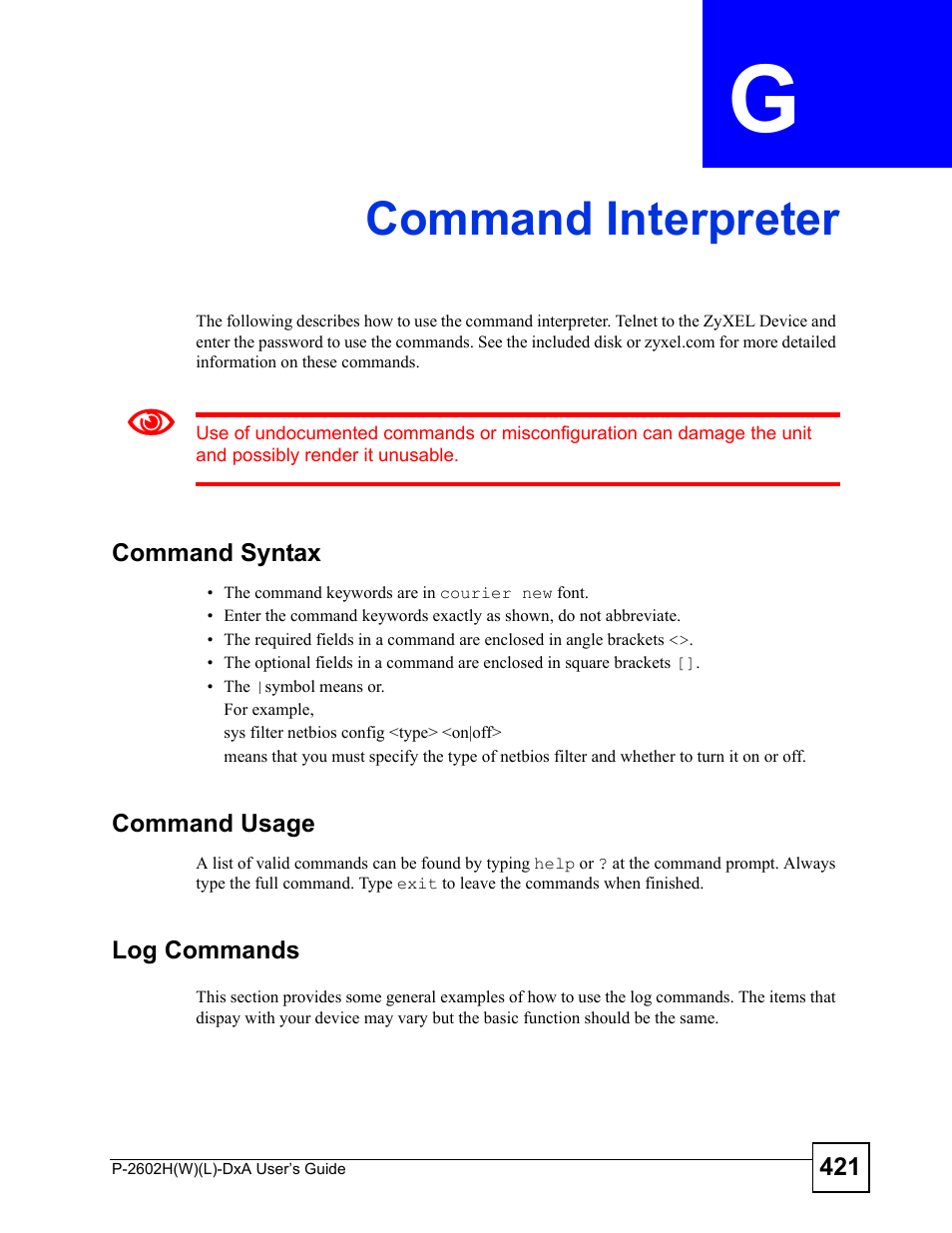 Command interpreter, Appendix g command interpreter, Command interpreter (421) | ZyXEL Communications P-2602H User Manual | Page 421 / 465