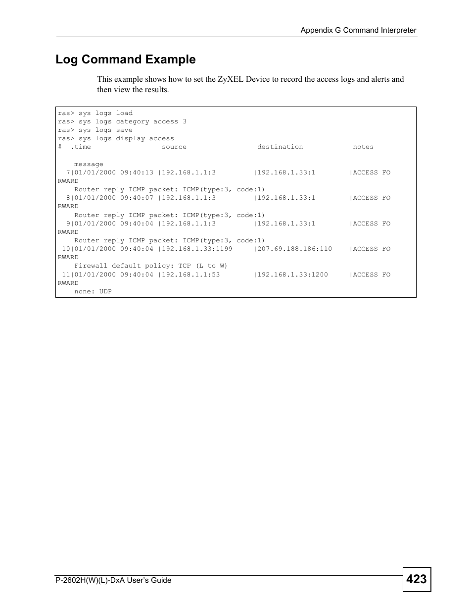 423 log command example | ZyXEL Communications P-2602H User Manual | Page 423 / 465