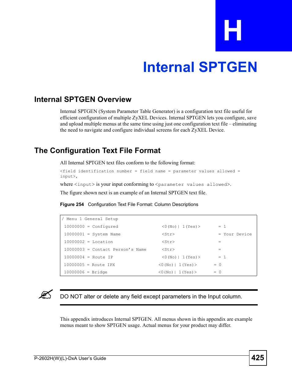 Internal sptgen, Appendix h internal sptgen, Internal sptgen (425) | ZyXEL Communications P-2602H User Manual | Page 425 / 465