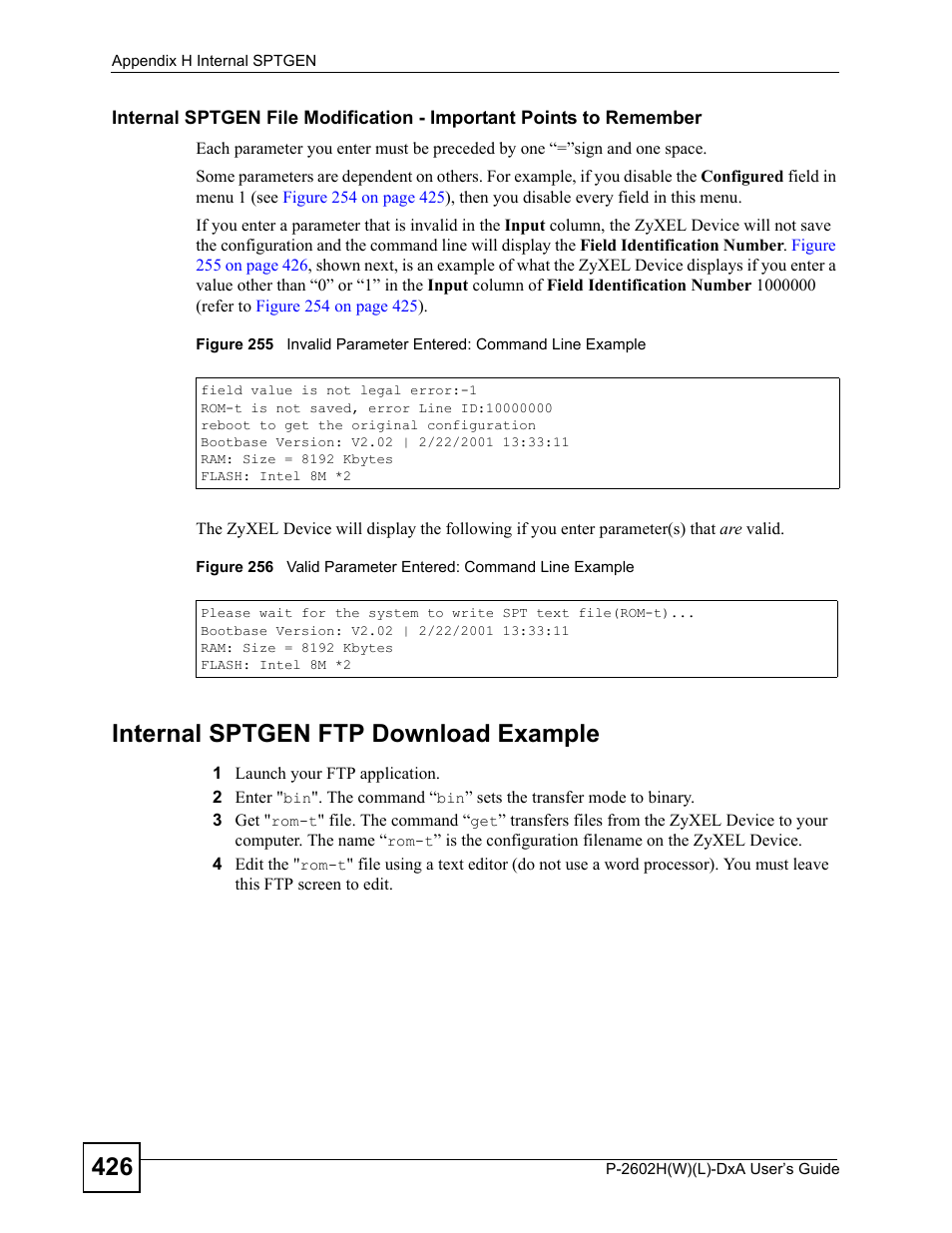 Internal sptgen ftp download example | ZyXEL Communications P-2602H User Manual | Page 426 / 465