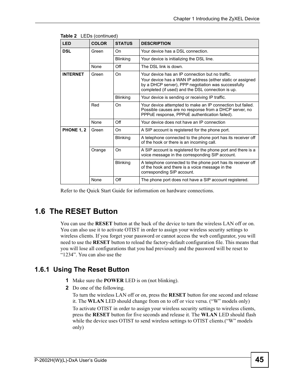 6 the reset button, 1 using the reset button | ZyXEL Communications P-2602H User Manual | Page 45 / 465