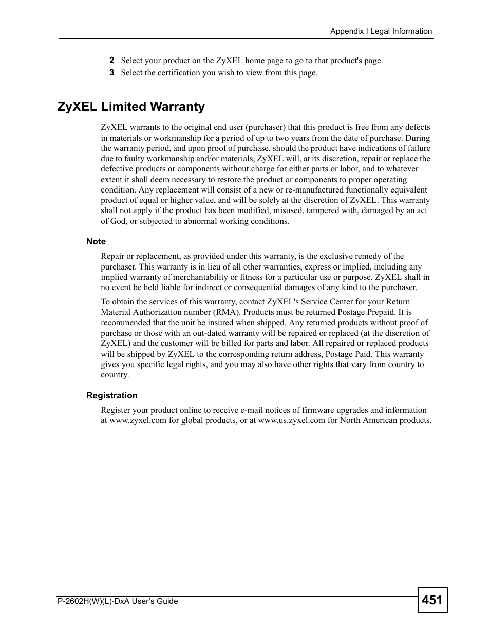Zyxel limited warranty | ZyXEL Communications P-2602H User Manual | Page 451 / 465