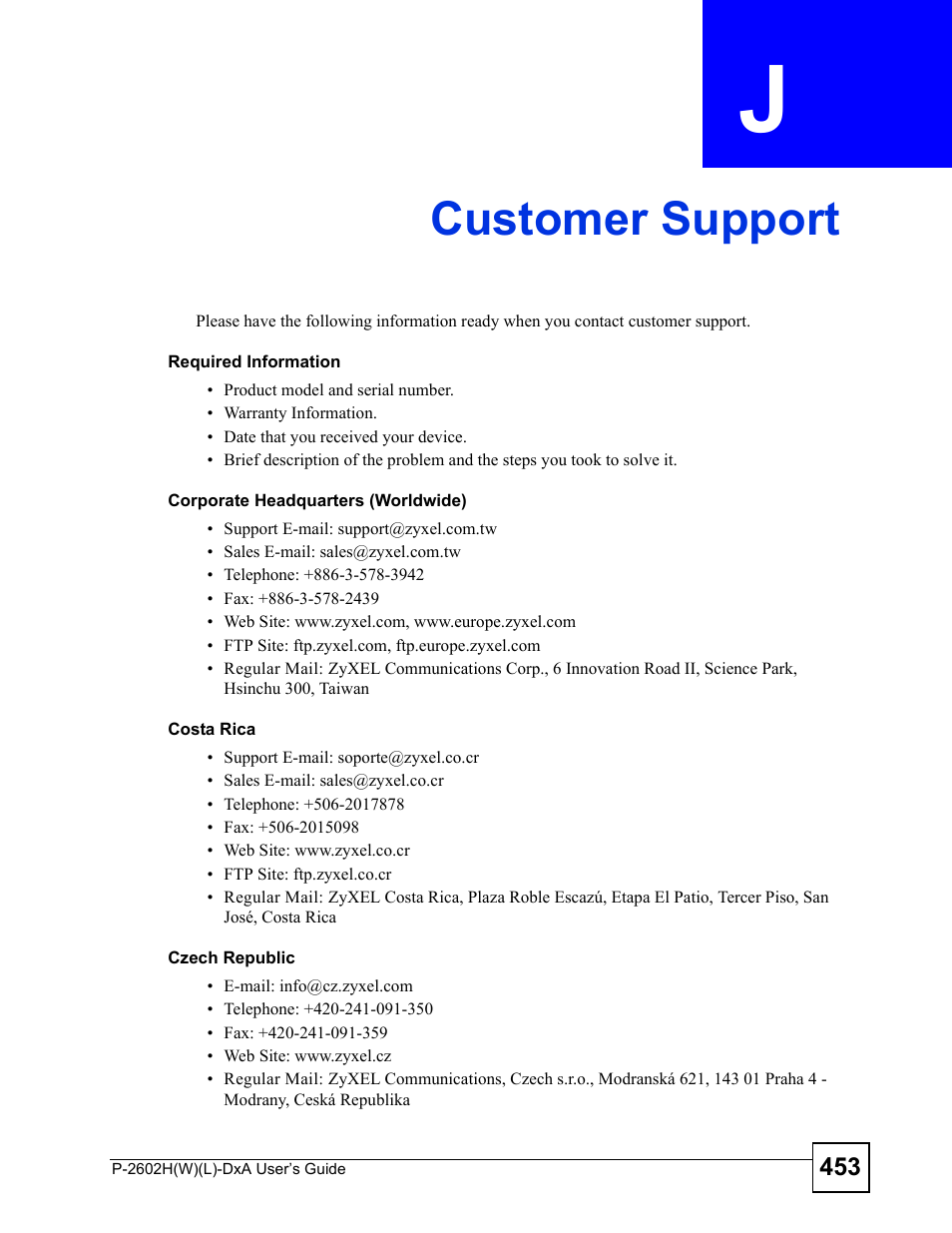 Customer support, Appendix j customer support, Customer support (453) | ZyXEL Communications P-2602H User Manual | Page 453 / 465
