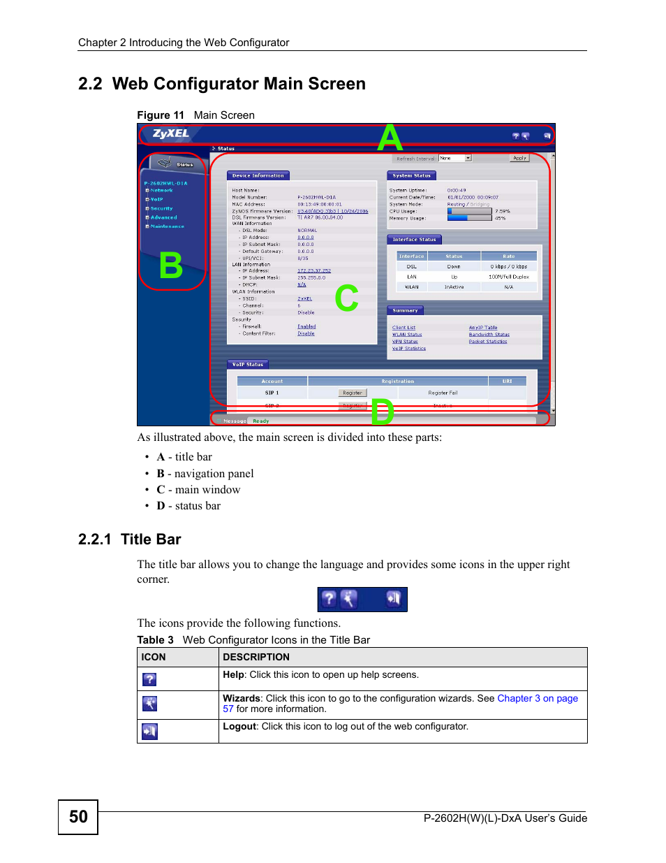 2 web configurator main screen, 1 title bar, Figure 11 main screen | Table 3 web configurator icons in the title bar, Ab c d | ZyXEL Communications P-2602H User Manual | Page 50 / 465