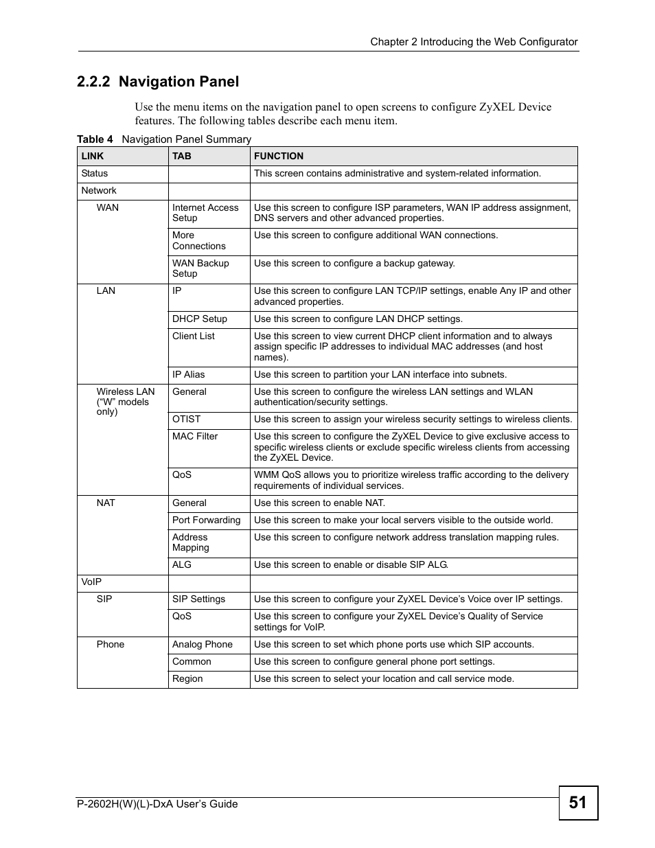 2 navigation panel, Table 4 navigation panel summary | ZyXEL Communications P-2602H User Manual | Page 51 / 465