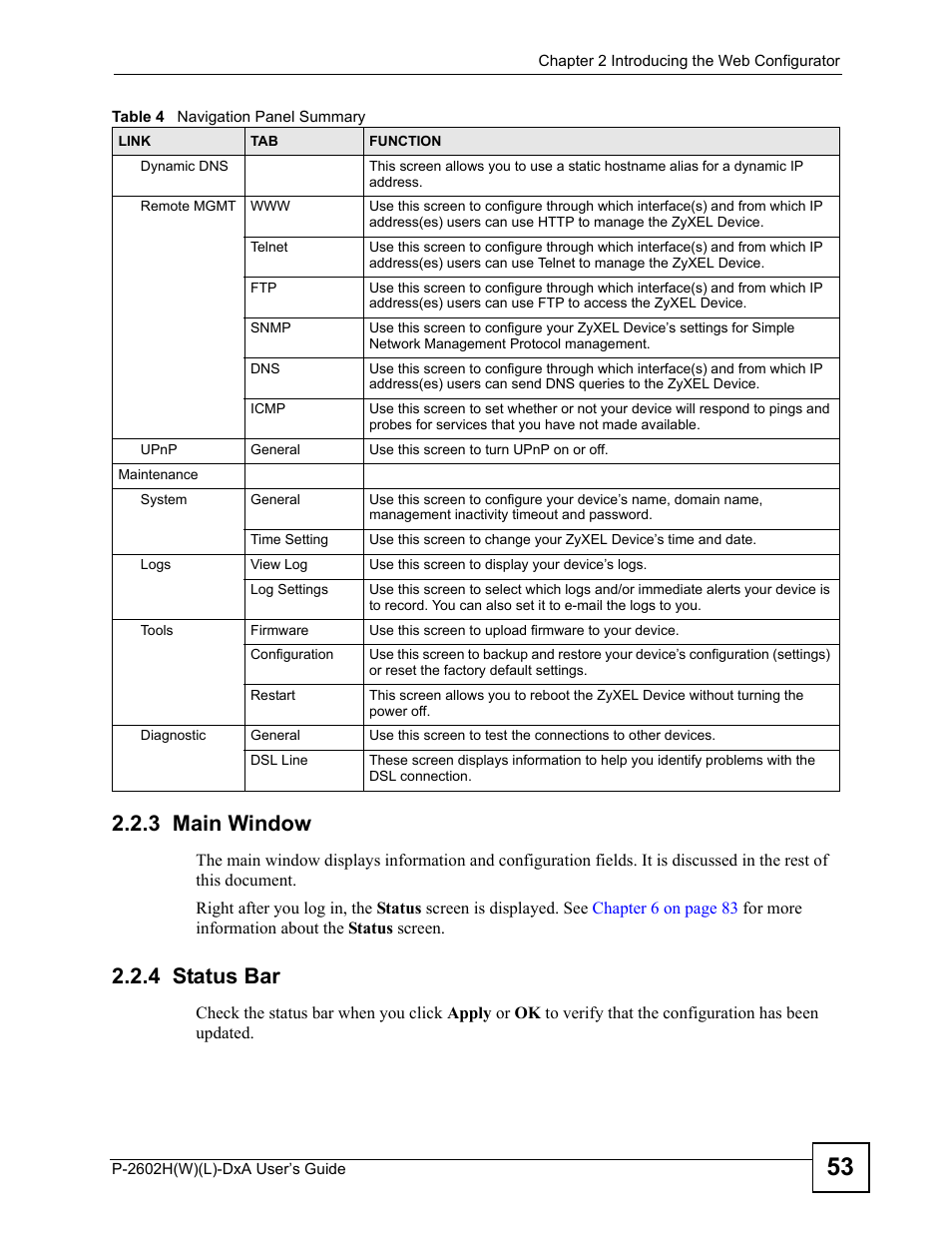 3 main window, 4 status bar | ZyXEL Communications P-2602H User Manual | Page 53 / 465