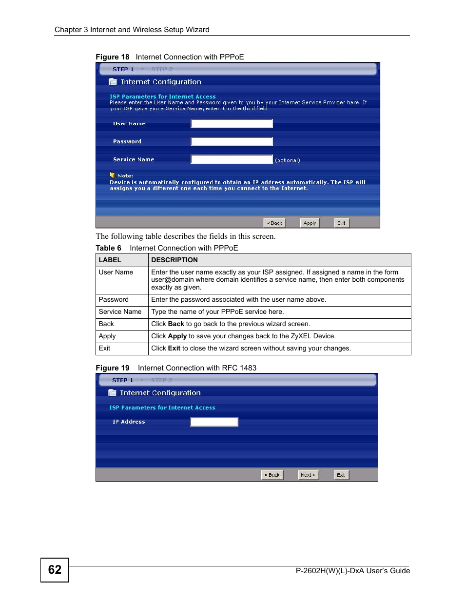 Table 6 internet connection with pppoe | ZyXEL Communications P-2602H User Manual | Page 62 / 465