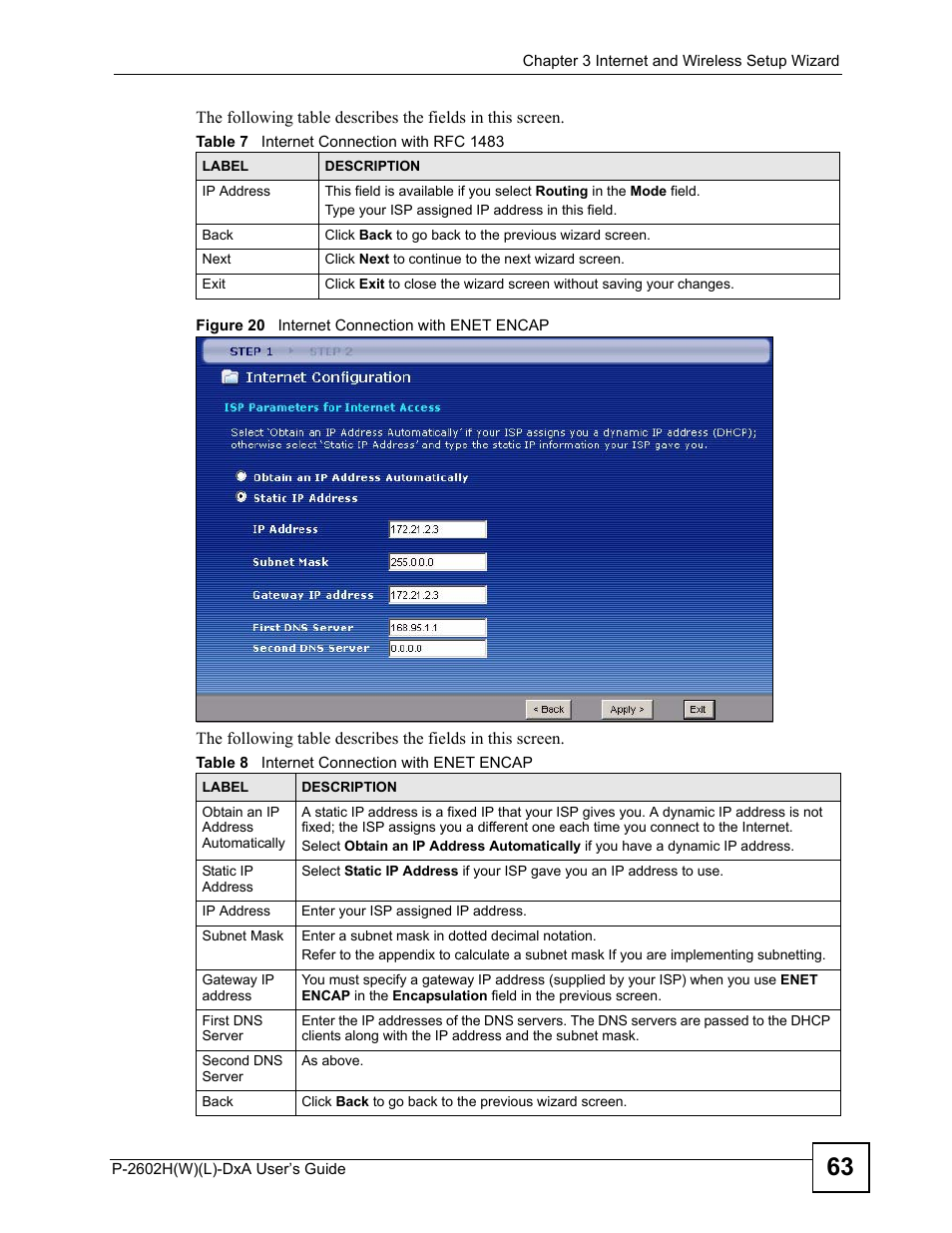 Figure 20 internet connection with enet encap | ZyXEL Communications P-2602H User Manual | Page 63 / 465