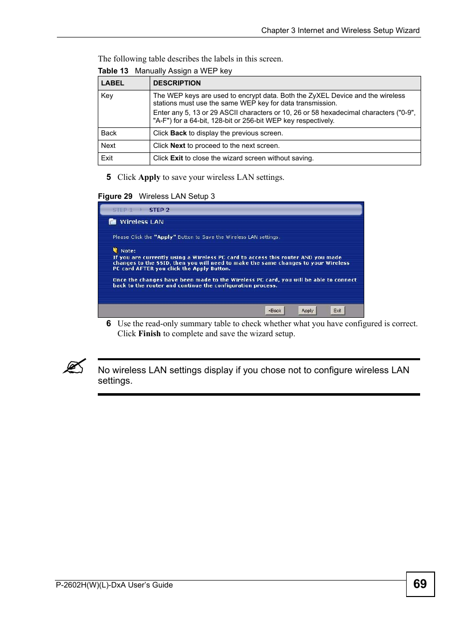 Figure 29 wireless lan setup 3, Table 13 manually assign a wep key | ZyXEL Communications P-2602H User Manual | Page 69 / 465