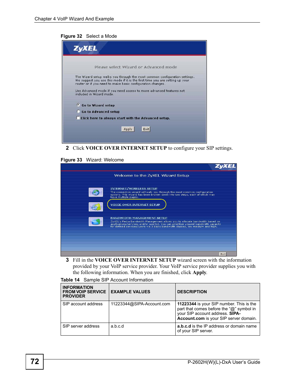 Figure 32 select a mode figure 33 wizard: welcome, Table 14 sample sip account information | ZyXEL Communications P-2602H User Manual | Page 72 / 465