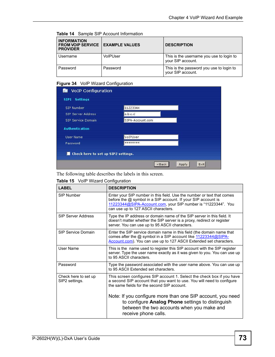 Figure 34 voip wizard configuration, Table 15 voip wizard configuration | ZyXEL Communications P-2602H User Manual | Page 73 / 465