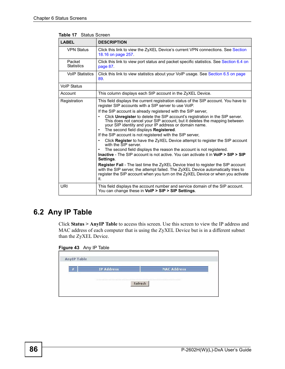 2 any ip table, Figure 43 any ip table, 86 6.2 any ip table | ZyXEL Communications P-2602H User Manual | Page 86 / 465