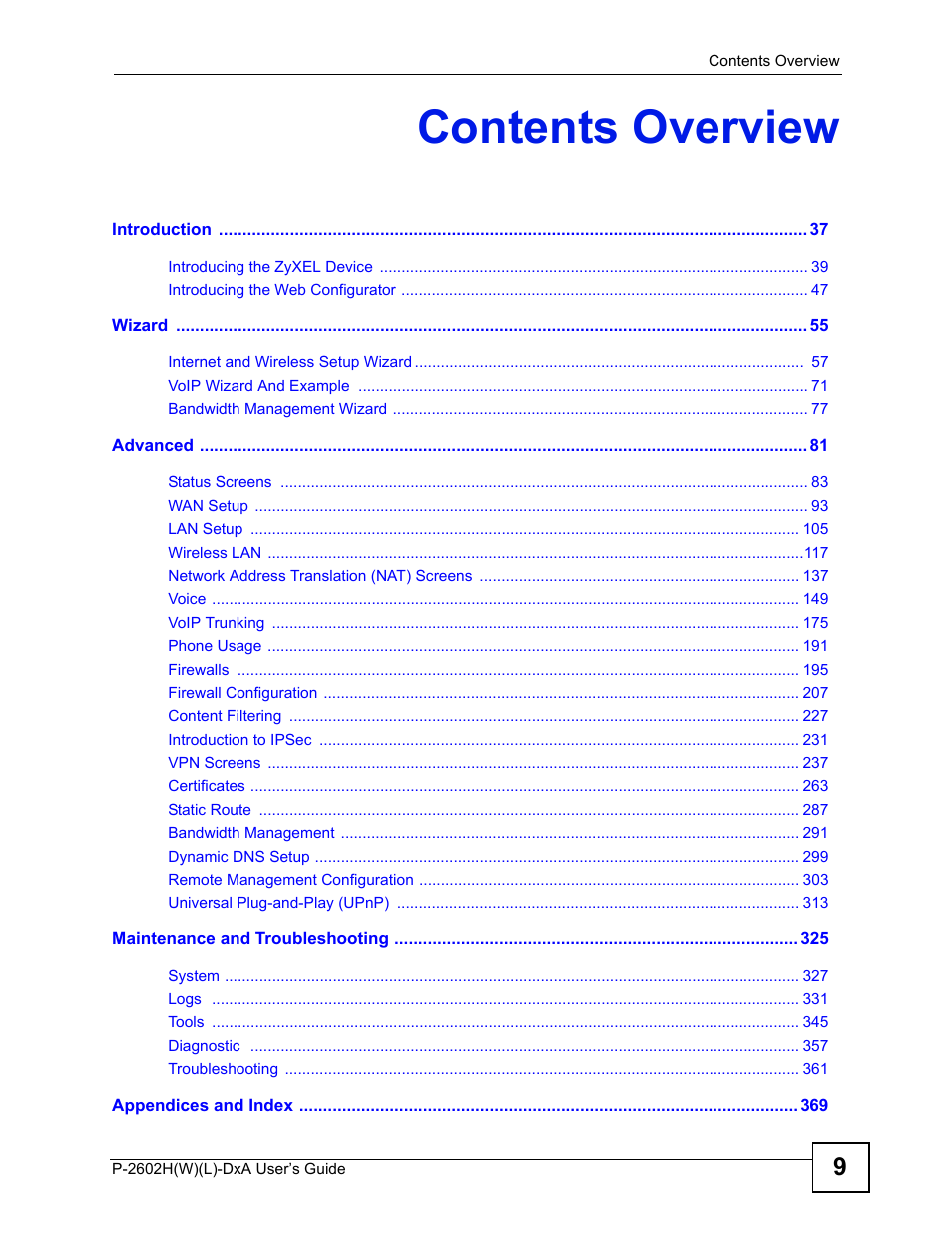 Contents overview | ZyXEL Communications P-2602H User Manual | Page 9 / 465