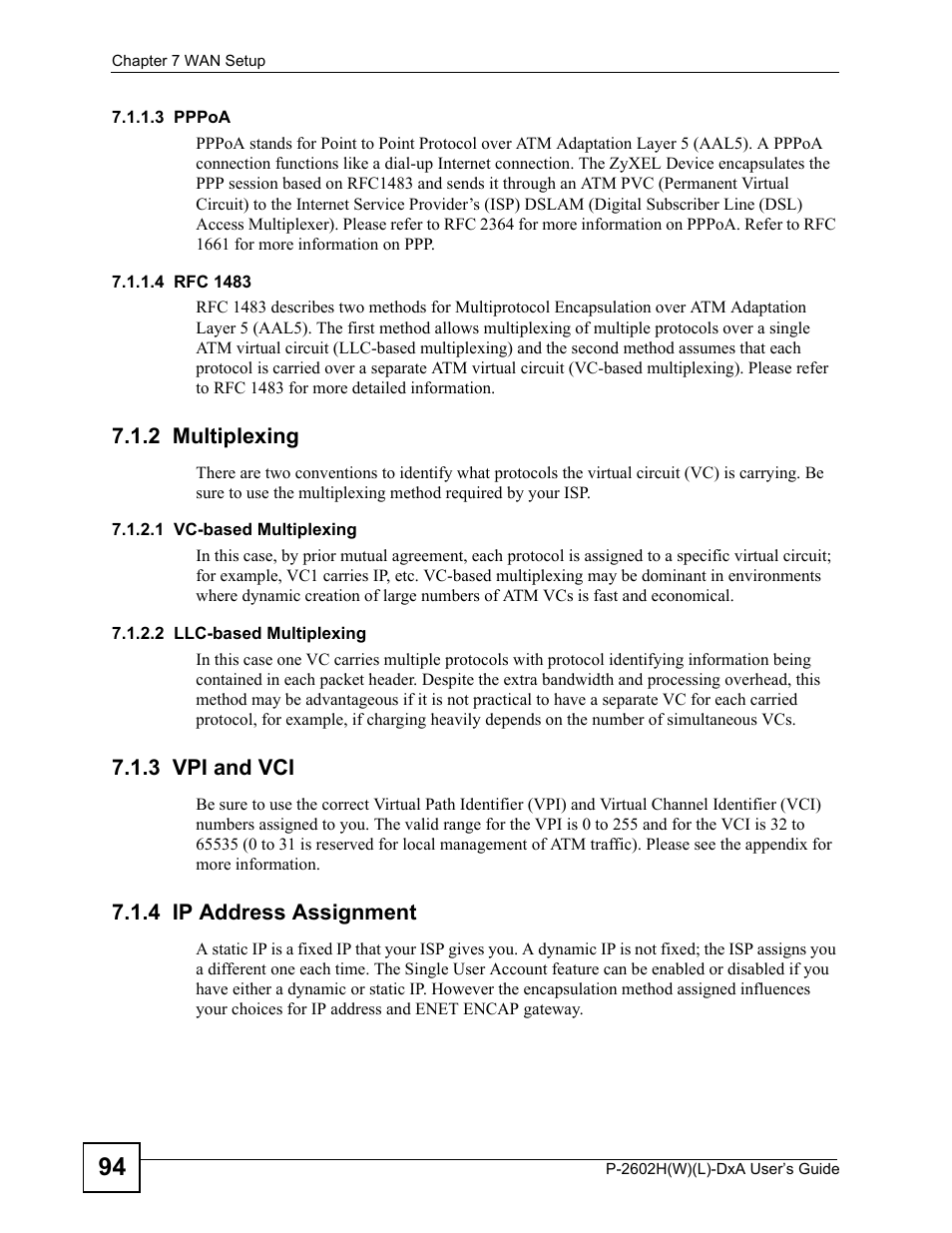 2 multiplexing, 3 vpi and vci, 4 ip address assignment | ZyXEL Communications P-2602H User Manual | Page 94 / 465
