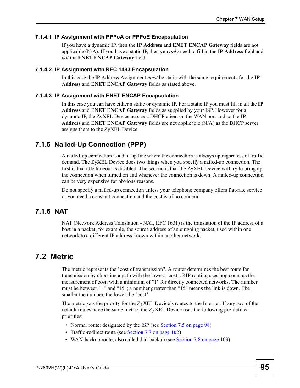 5 nailed-up connection (ppp), 6 nat, 2 metric | 5 nailed-up connection (ppp) 7.1.6 nat | ZyXEL Communications P-2602H User Manual | Page 95 / 465