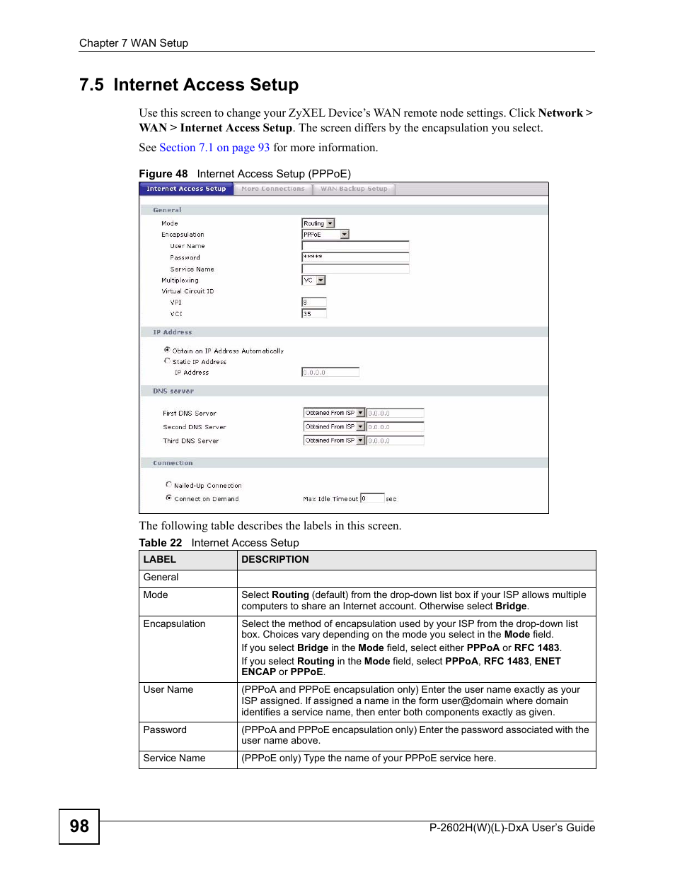 5 internet access setup, Figure 48 internet access setup (pppoe), Table 22 internet access setup | 98 7.5 internet access setup | ZyXEL Communications P-2602H User Manual | Page 98 / 465