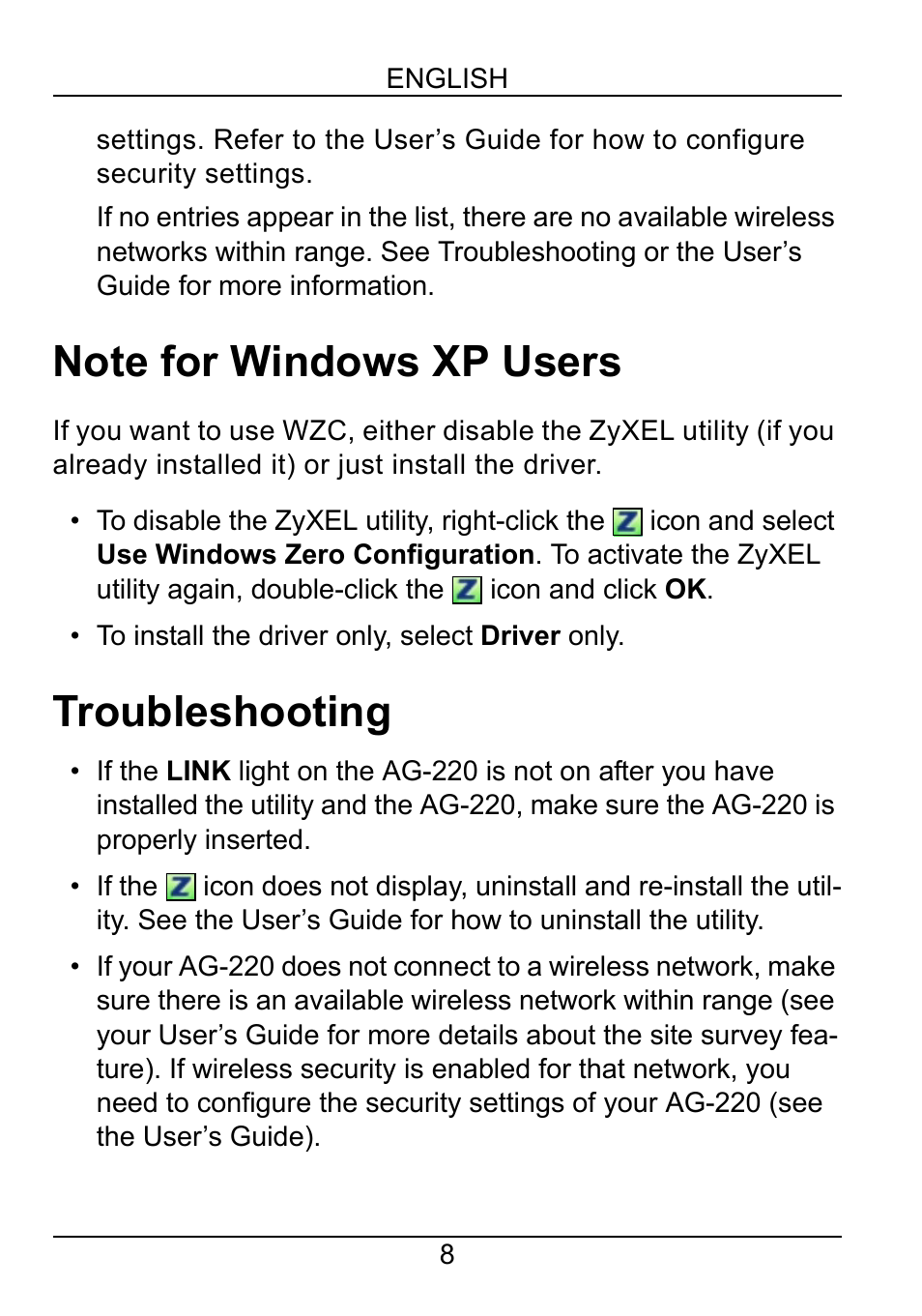 Troubleshooting | ZyXEL Communications AG-220 User Manual | Page 10 / 82