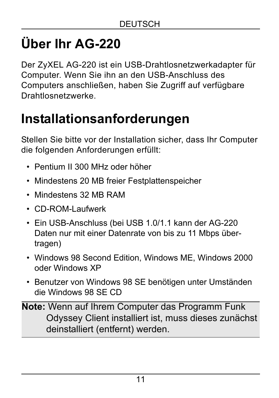 Deutsch, Über ihr ag-220, Installationsanforderungen | ZyXEL Communications AG-220 User Manual | Page 13 / 82