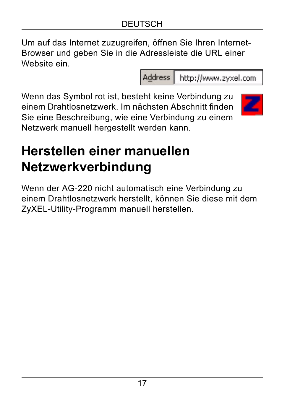 Herstellen einer manuellen netzwerkverbindung | ZyXEL Communications AG-220 User Manual | Page 19 / 82