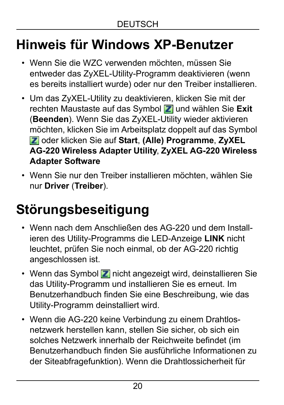 Hinweis für windows xp-benutzer, Störungsbeseitigung | ZyXEL Communications AG-220 User Manual | Page 22 / 82