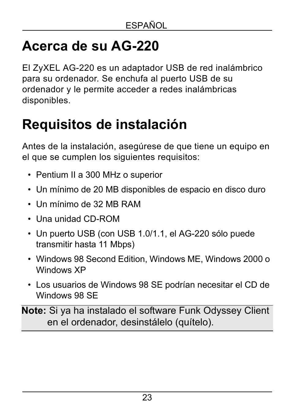 Español, Acerca de su ag-220, Requisitos de instalación | ZyXEL Communications AG-220 User Manual | Page 25 / 82