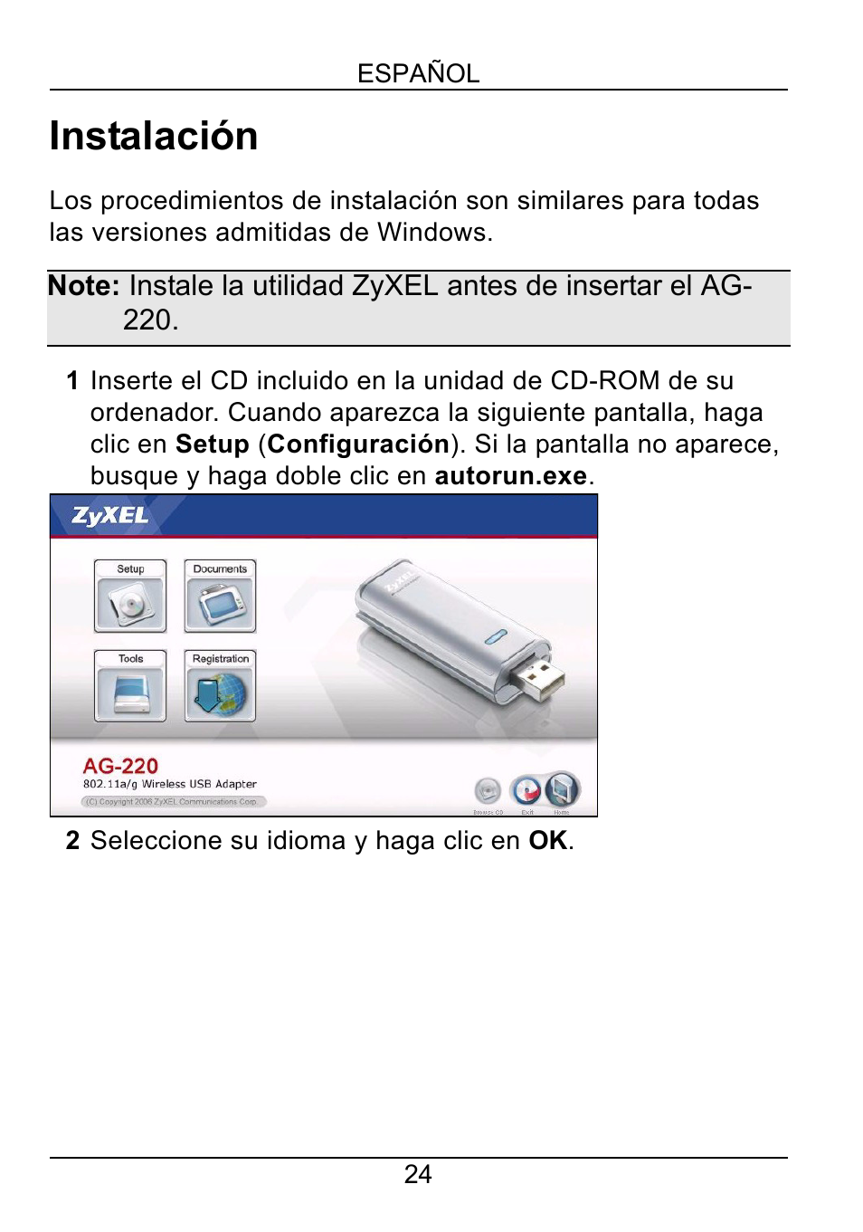 Instalación | ZyXEL Communications AG-220 User Manual | Page 26 / 82