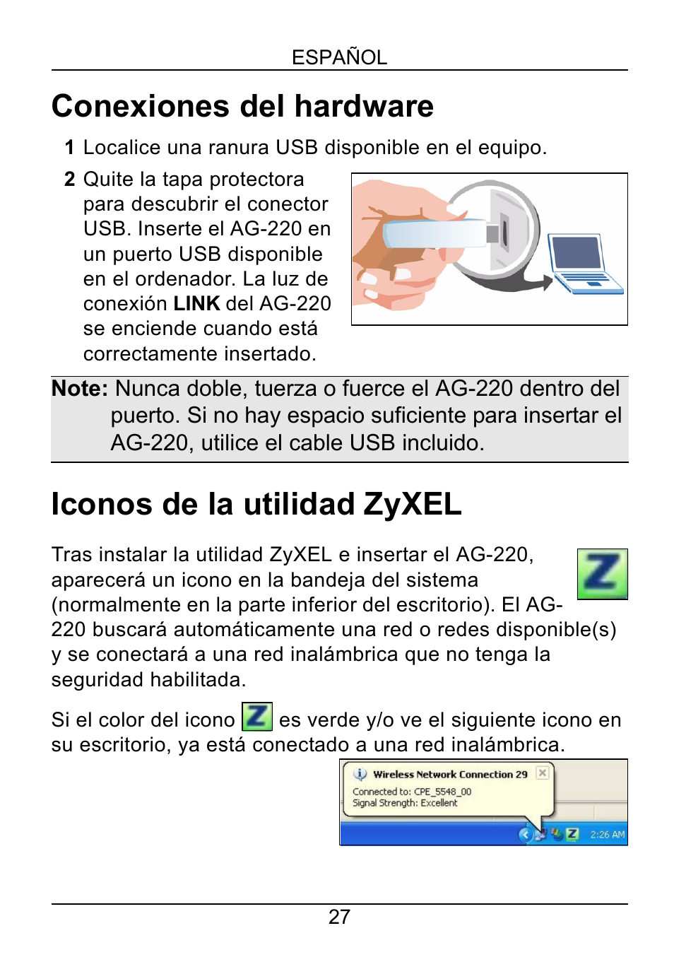 Conexiones del hardware, Iconos de la utilidad zyxel | ZyXEL Communications AG-220 User Manual | Page 29 / 82