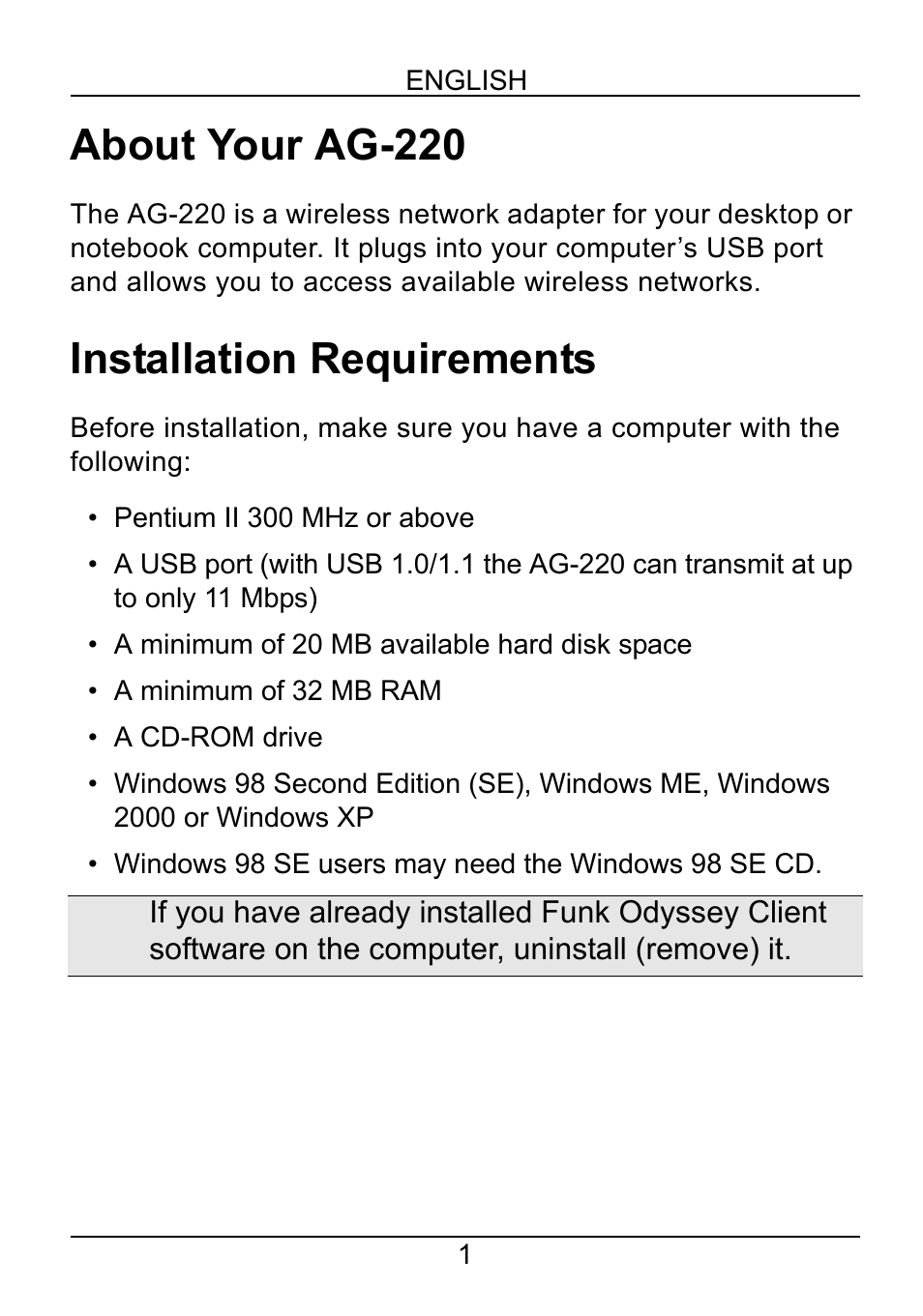 English, About your ag-220, Installation requirements | ZyXEL Communications AG-220 User Manual | Page 3 / 82