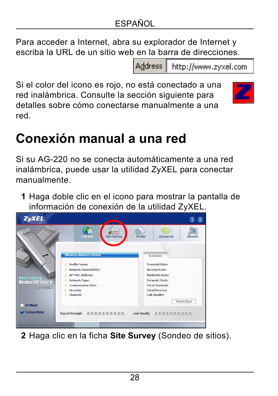Conexión manual a una red | ZyXEL Communications AG-220 User Manual | Page 30 / 82