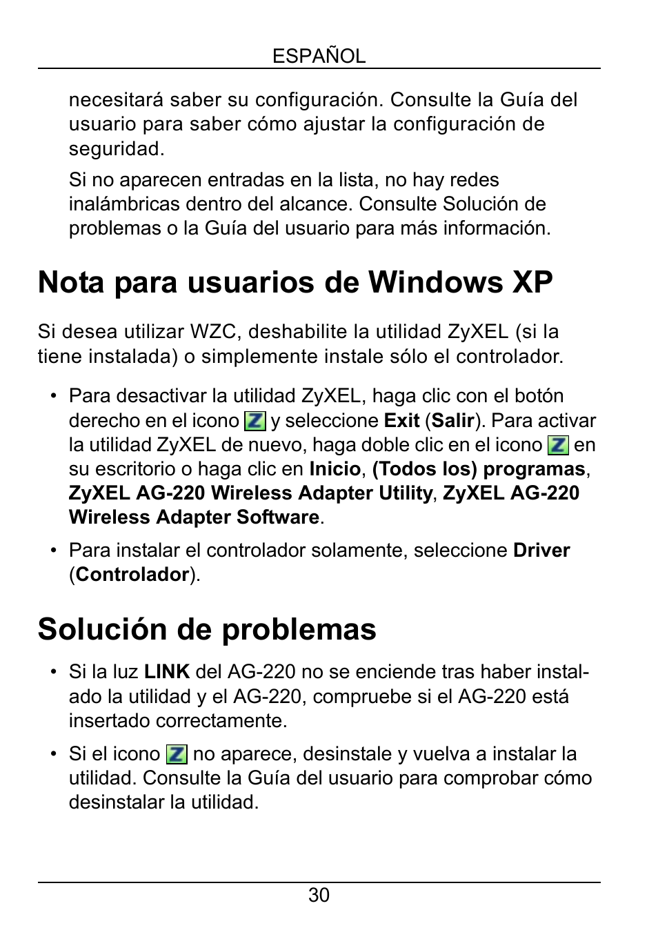 Nota para usuarios de windows xp, Solución de problemas | ZyXEL Communications AG-220 User Manual | Page 32 / 82