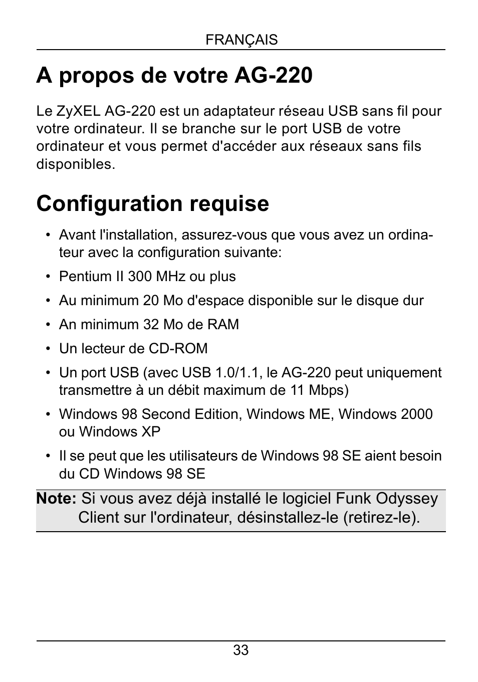 Français, A propos de votre ag-220, Configuration requise | ZyXEL Communications AG-220 User Manual | Page 35 / 82