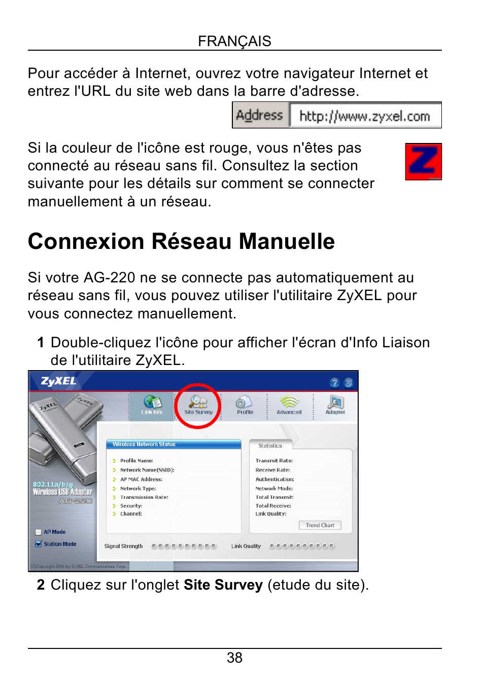 Connexion réseau manuelle | ZyXEL Communications AG-220 User Manual | Page 40 / 82