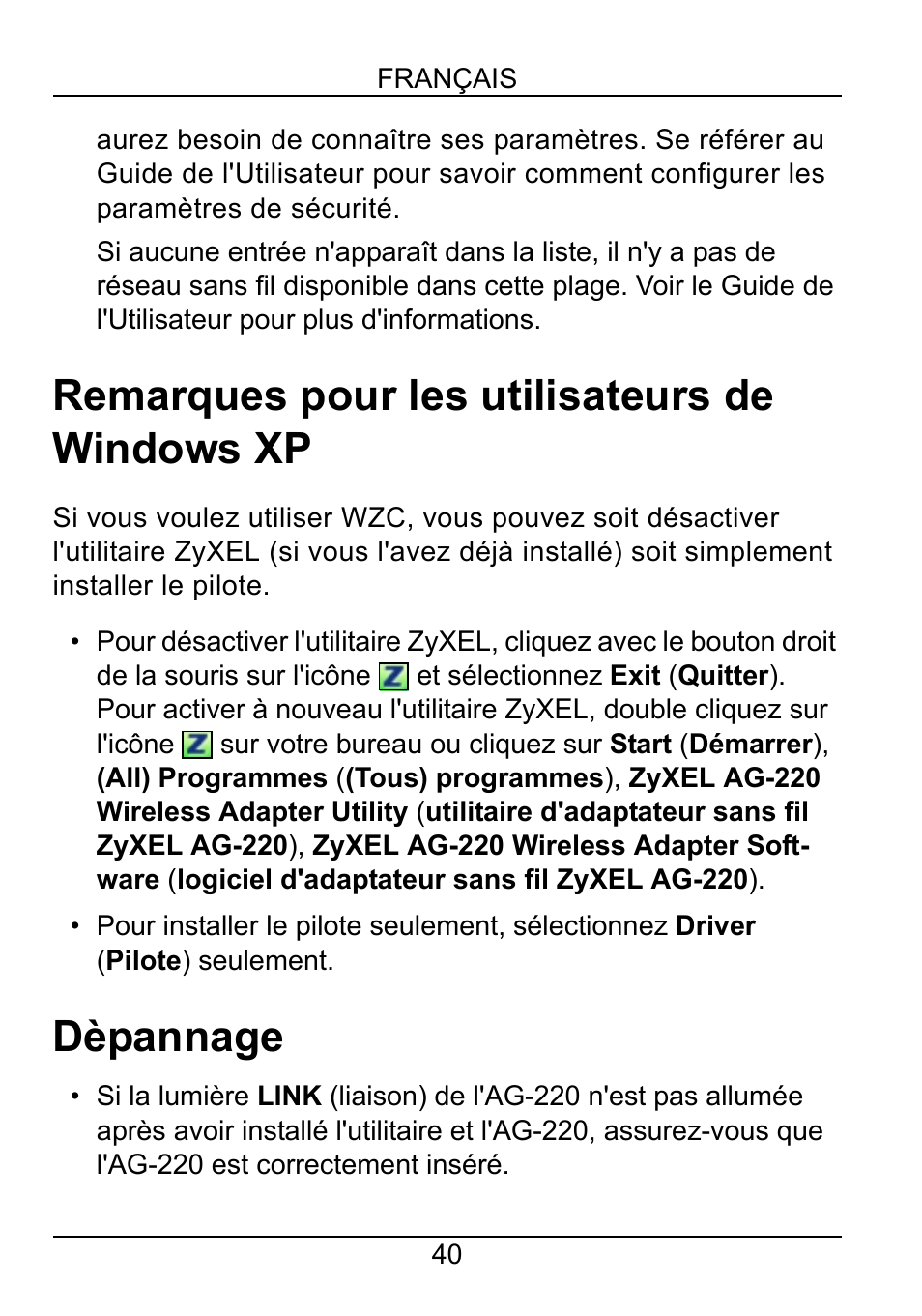 Voir, Remarques pour les utilisateurs de, Windows xp | Cliquez sur, Remarques pour les utilisateurs de windows xp, Dèpannage | ZyXEL Communications AG-220 User Manual | Page 42 / 82