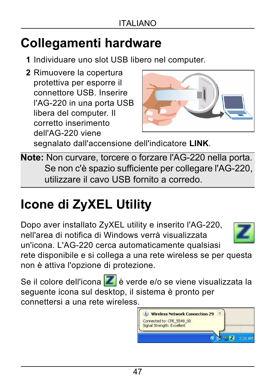 Collegamenti hardware, Icone di zyxel utility | ZyXEL Communications AG-220 User Manual | Page 49 / 82