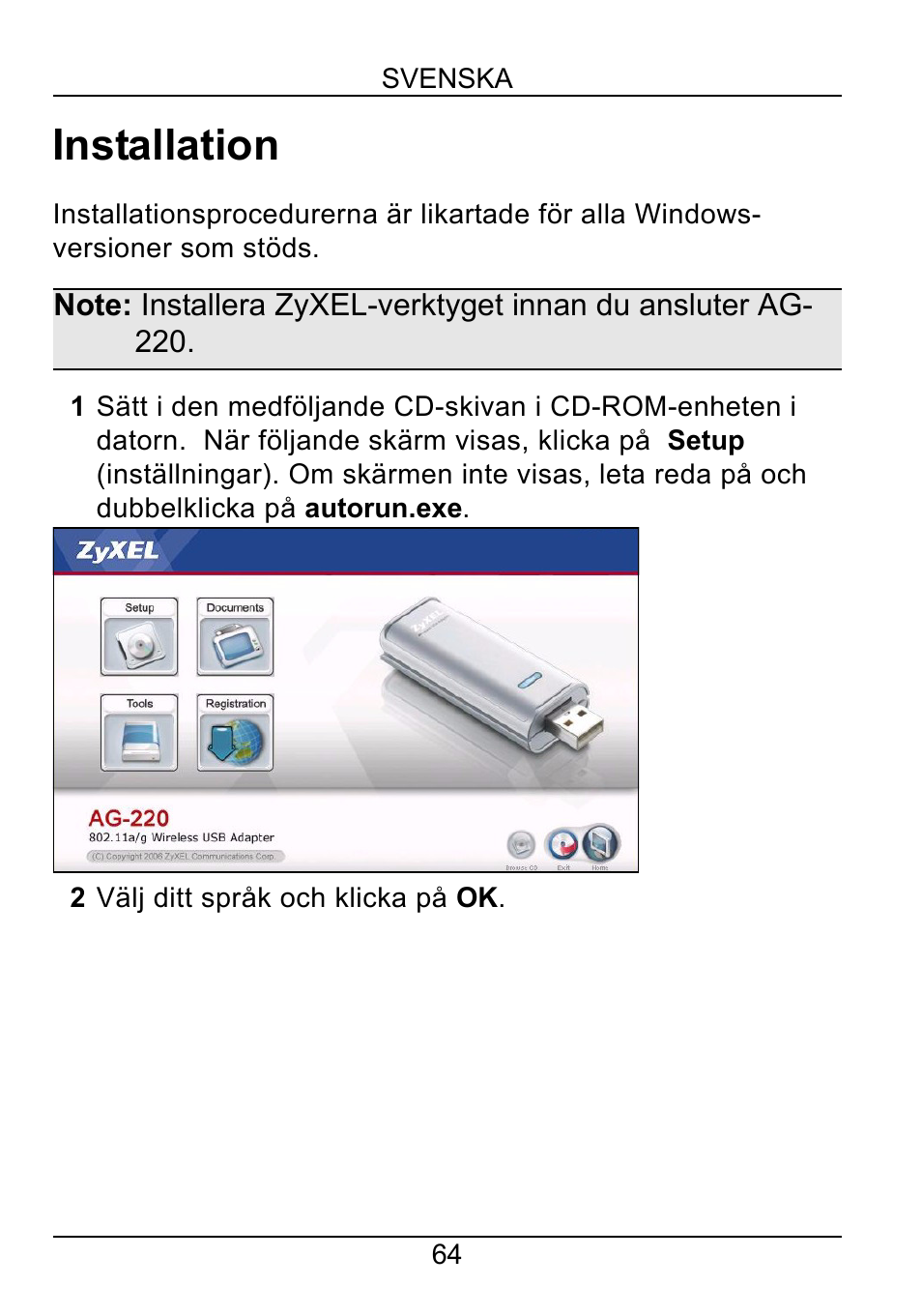 Installation | ZyXEL Communications AG-220 User Manual | Page 66 / 82