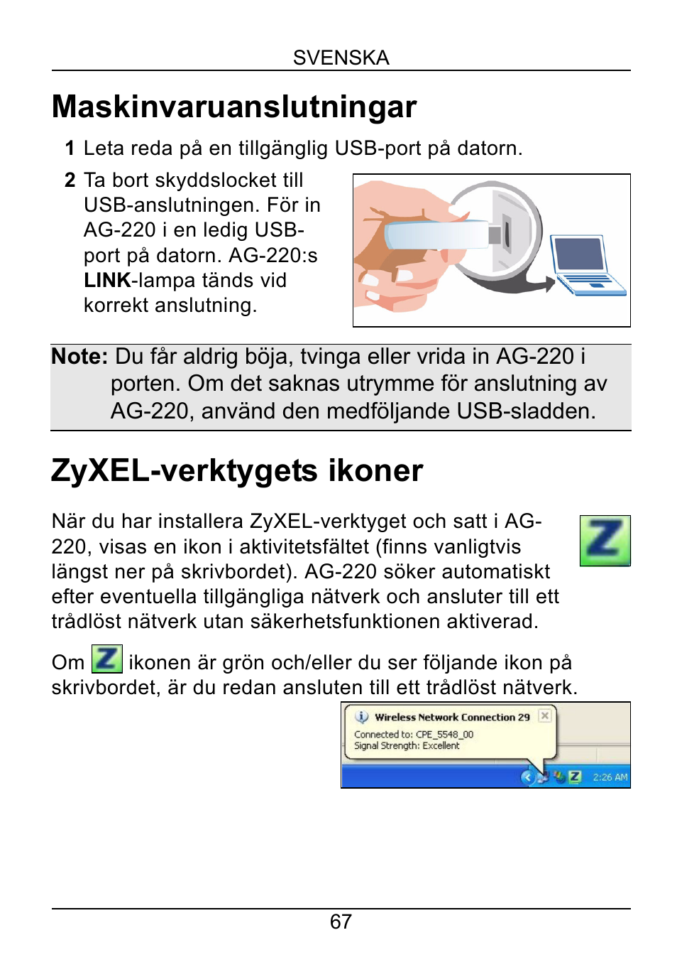 Maskinvaruanslutningar, Zyxel-verktygets ikoner | ZyXEL Communications AG-220 User Manual | Page 69 / 82