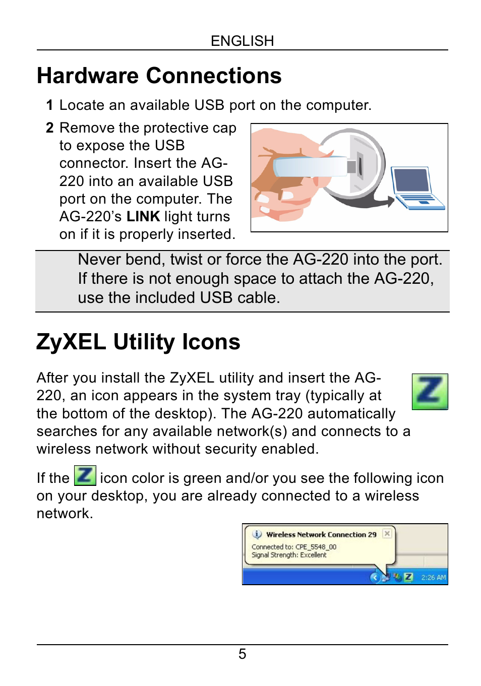 Hardware connections, Zyxel utility icons | ZyXEL Communications AG-220 User Manual | Page 7 / 82