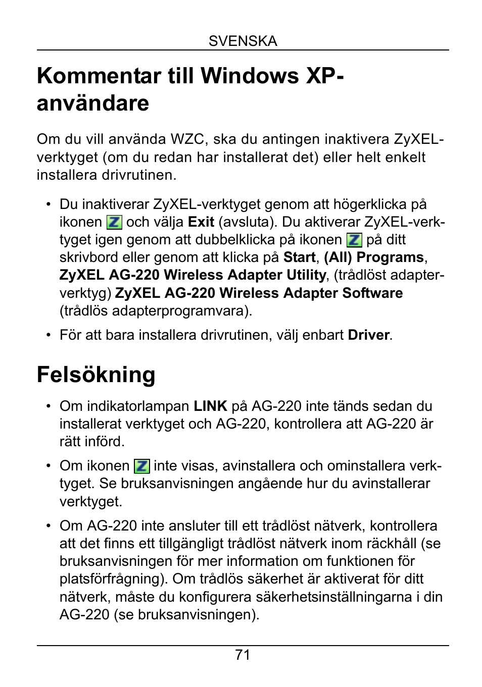 Kommentar till windows xp- användare, Felsökning | ZyXEL Communications AG-220 User Manual | Page 73 / 82