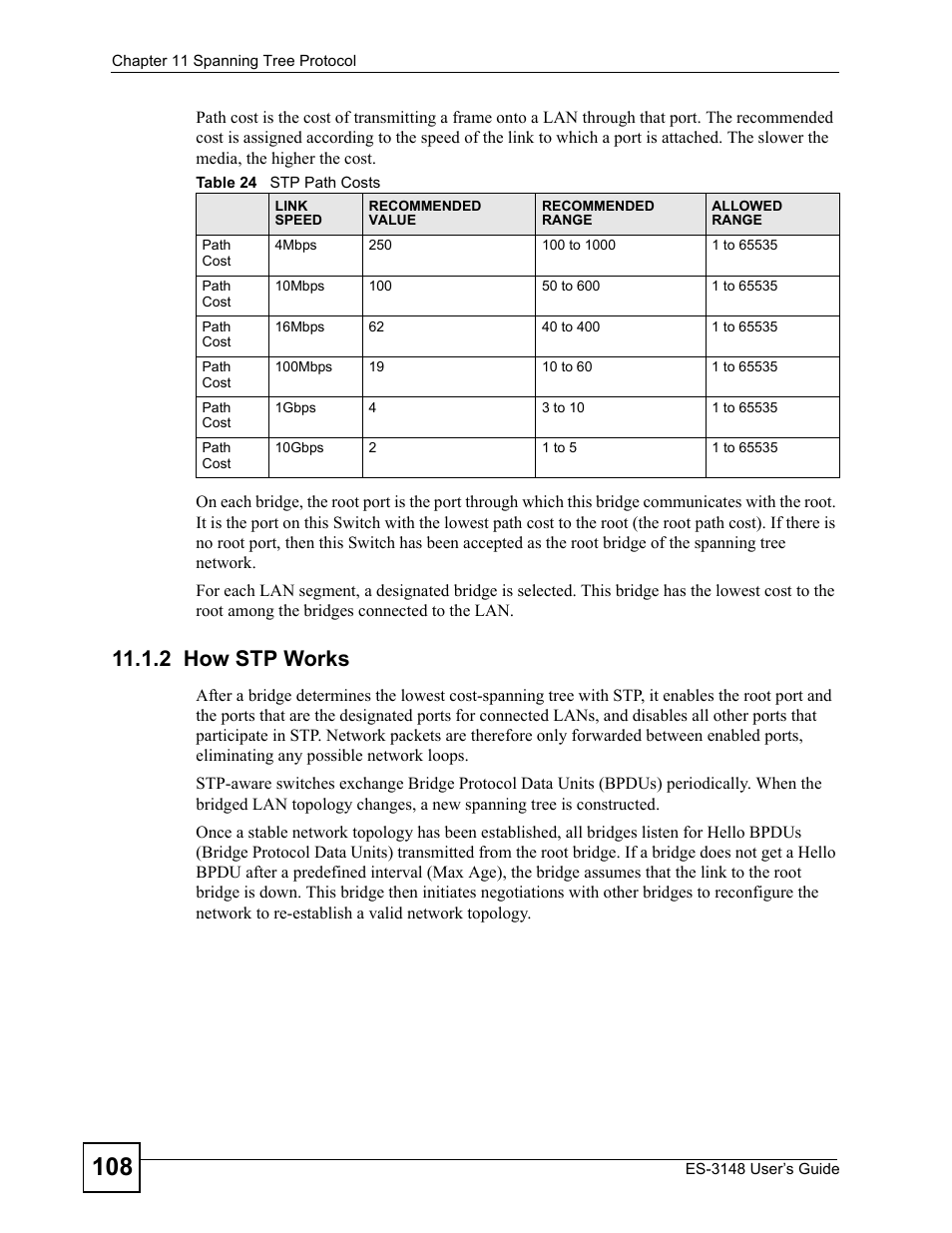 2 how stp works, Table 24 stp path costs | ZyXEL Communications ES-3148 Series User Manual | Page 108 / 362