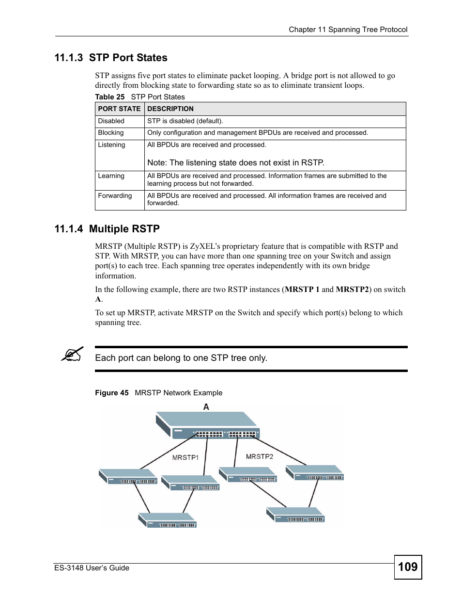 3 stp port states, 4 multiple rstp, 3 stp port states 11.1.4 multiple rstp | Figure 45 mrstp network example, Table 25 stp port states | ZyXEL Communications ES-3148 Series User Manual | Page 109 / 362