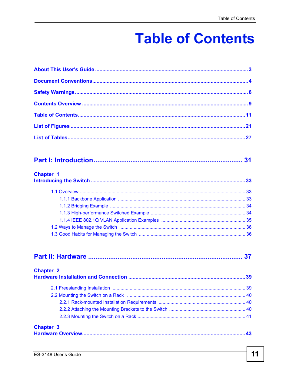 ZyXEL Communications ES-3148 Series User Manual | Page 11 / 362