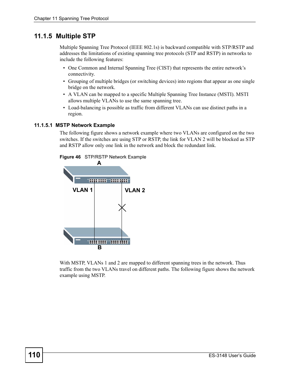 5 multiple stp, Figure 46 stp/rstp network example | ZyXEL Communications ES-3148 Series User Manual | Page 110 / 362