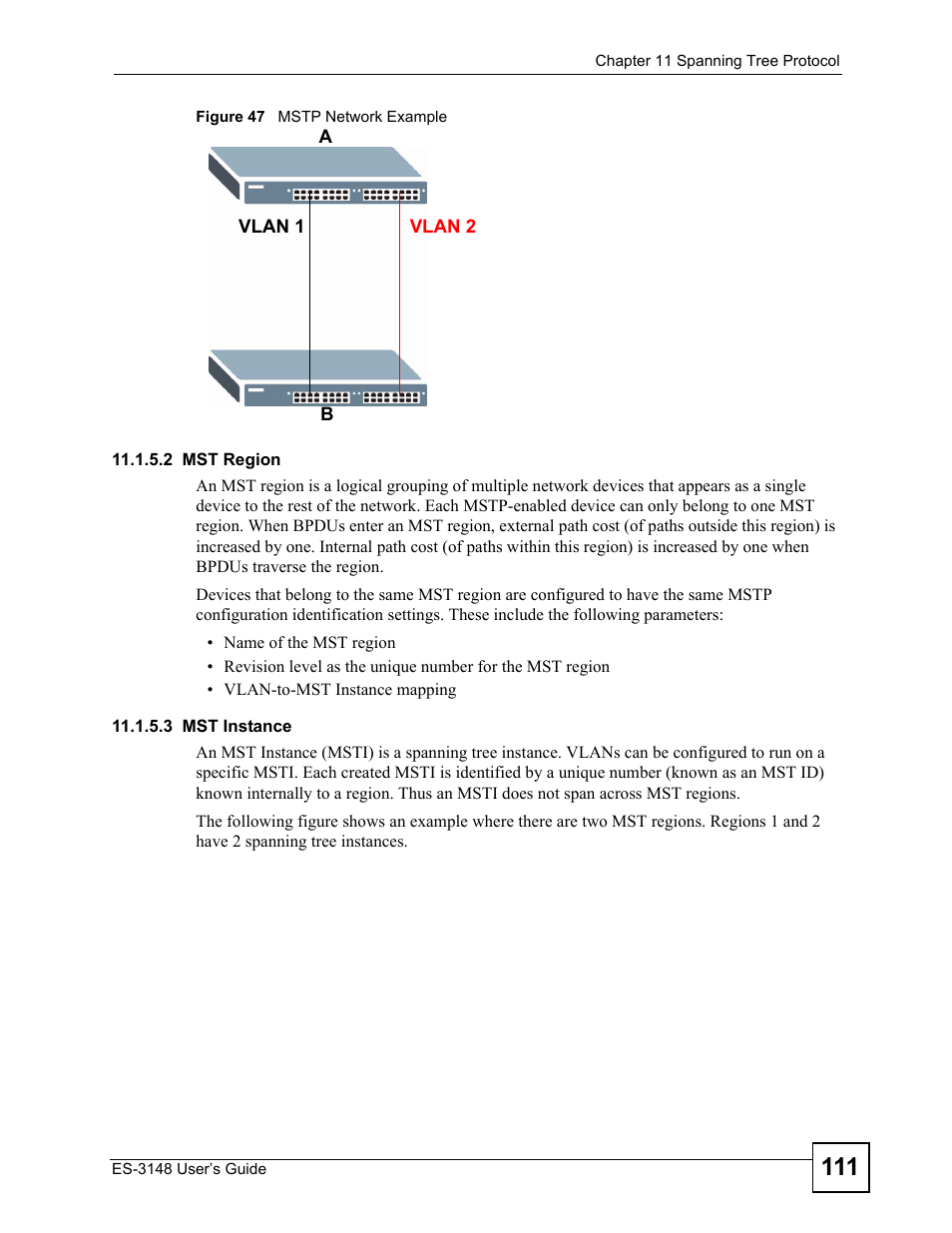 Figure 47 mstp network example | ZyXEL Communications ES-3148 Series User Manual | Page 111 / 362