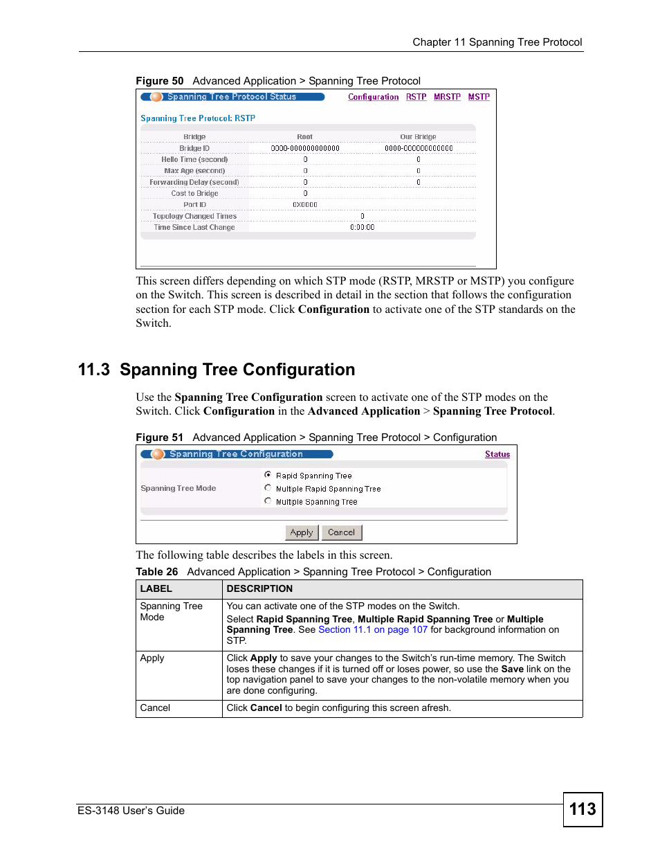 3 spanning tree configuration | ZyXEL Communications ES-3148 Series User Manual | Page 113 / 362