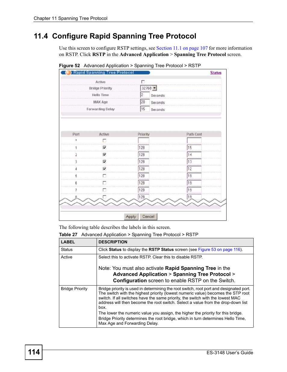 4 configure rapid spanning tree protocol | ZyXEL Communications ES-3148 Series User Manual | Page 114 / 362