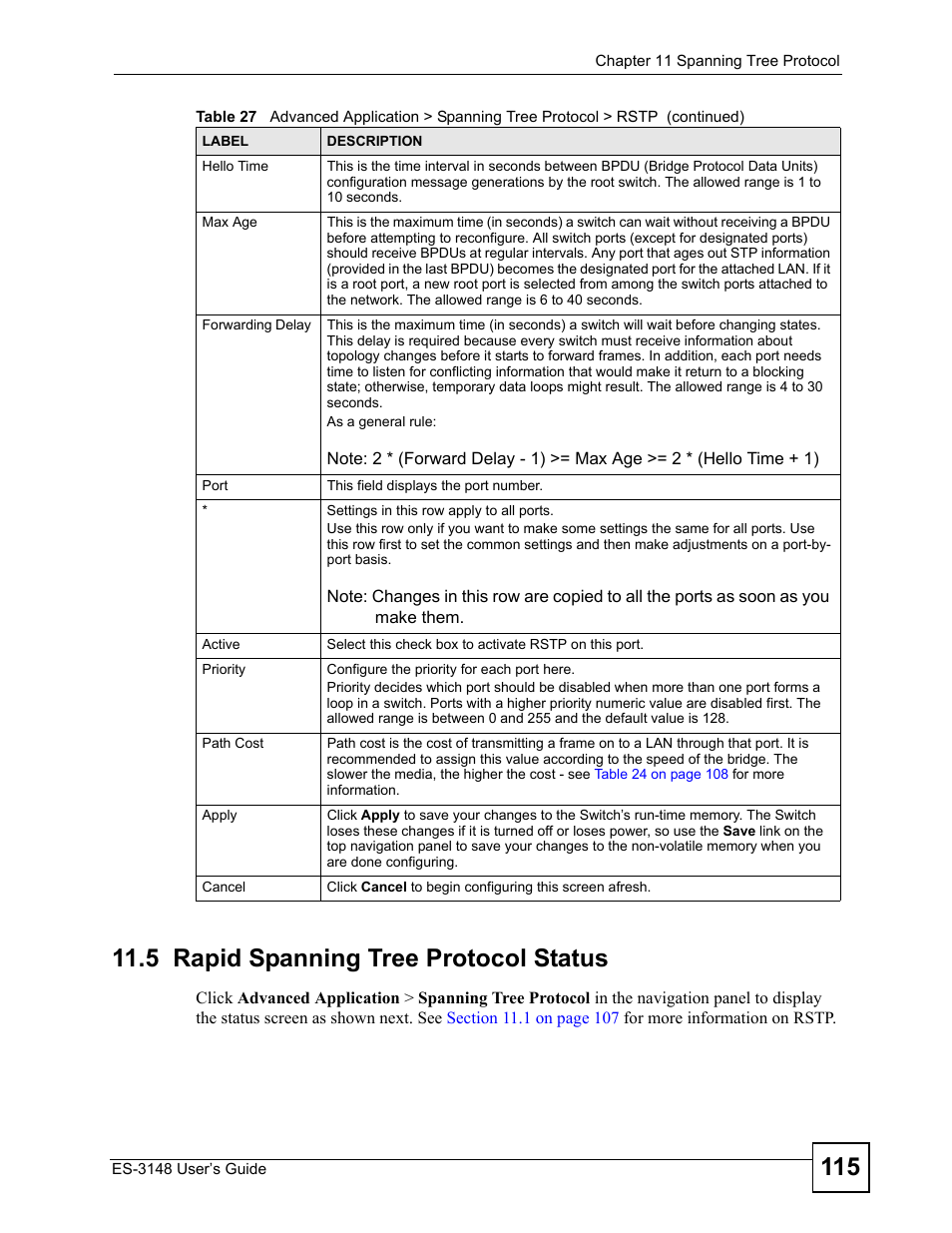 5 rapid spanning tree protocol status | ZyXEL Communications ES-3148 Series User Manual | Page 115 / 362