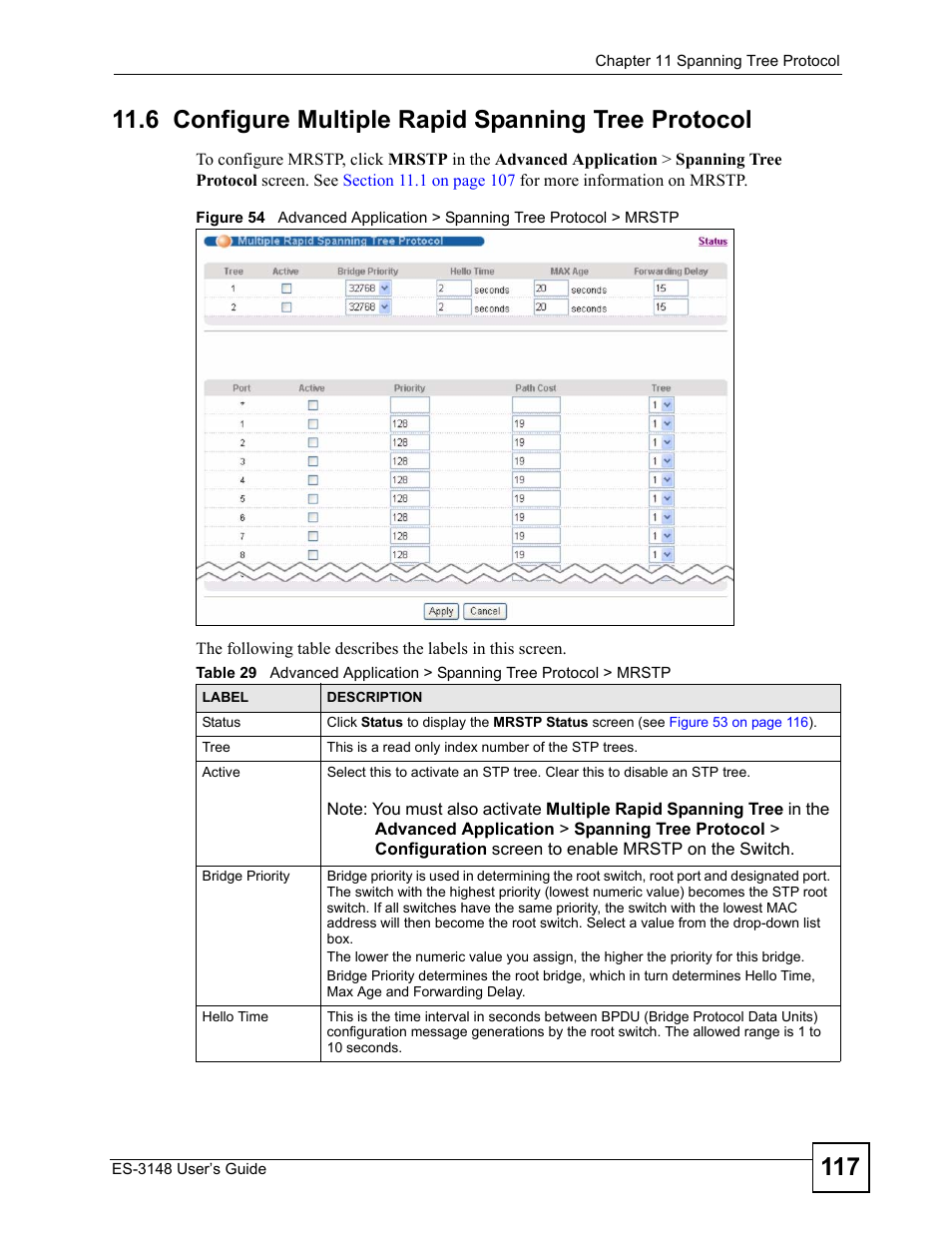 6 configure multiple rapid spanning tree protocol | ZyXEL Communications ES-3148 Series User Manual | Page 117 / 362