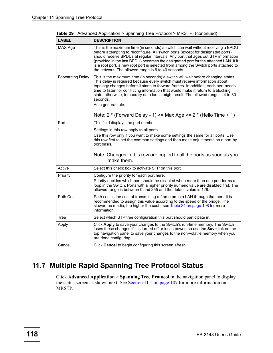 7 multiple rapid spanning tree protocol status | ZyXEL Communications ES-3148 Series User Manual | Page 118 / 362