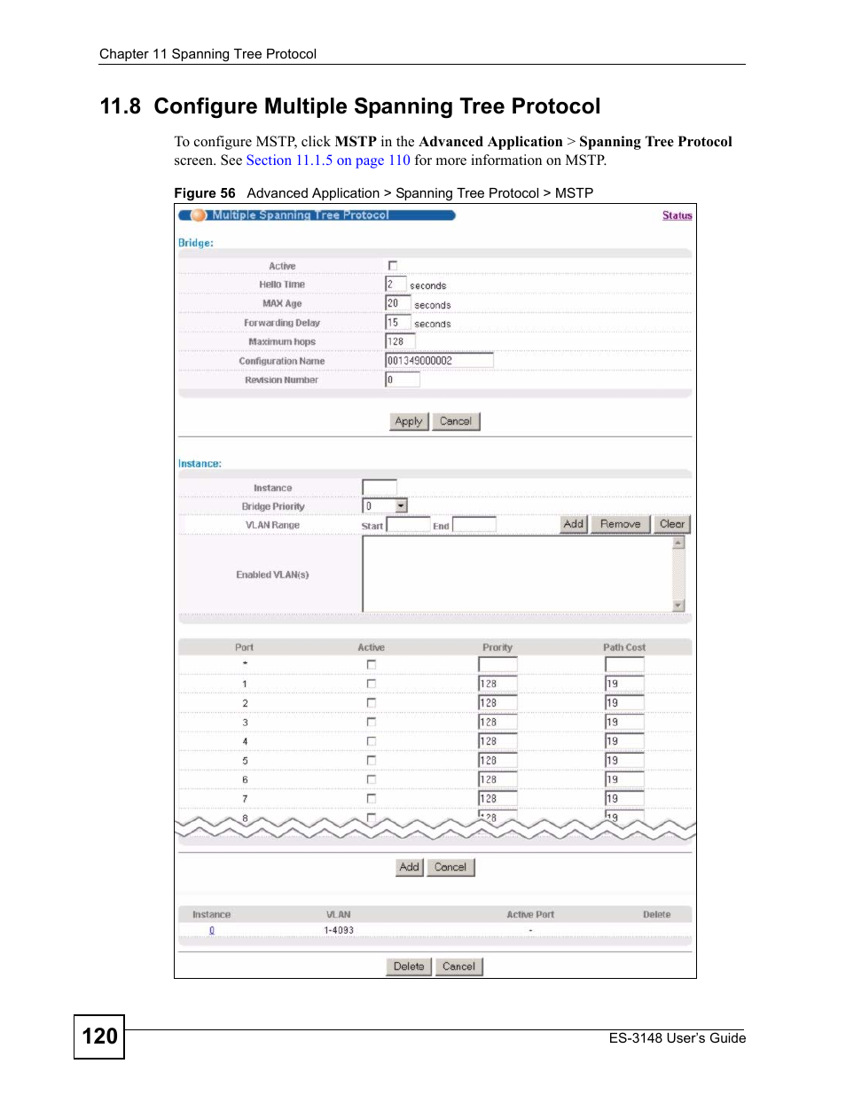 8 configure multiple spanning tree protocol | ZyXEL Communications ES-3148 Series User Manual | Page 120 / 362